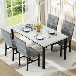 Marble Dining Table Set for 4, Rectangular Faux Marble Kitchen Table and Chairs Set, Dining Table with 4 Tufted Velvet Upholstered Dining Chair