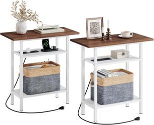2-Piece Side Table Set with Charging Station, Walnut & White, Fabric Storage Baskets