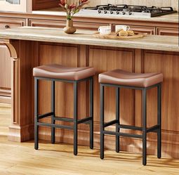 New - Compact 24" Counter Height Bar Stools, Set of 2 with Saddle Seat & Metal Legs, Brown