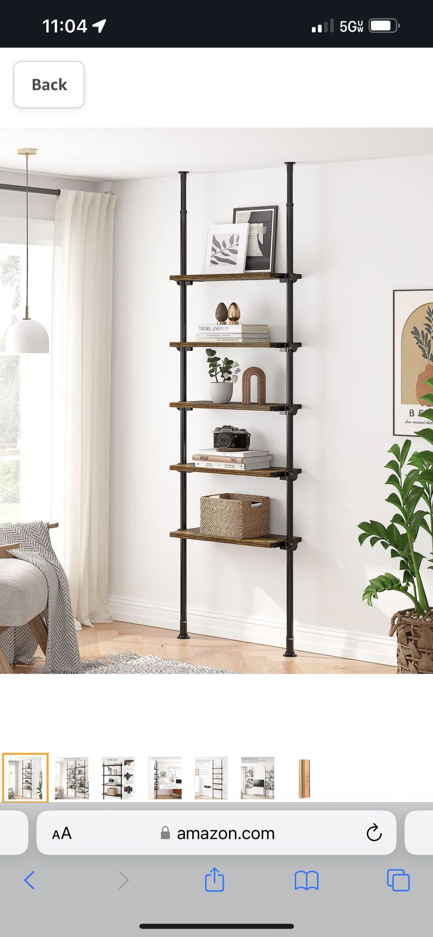 Rustic Brown 5 Tiers Narrow Tall Adjustable Ladder Bookshelf 