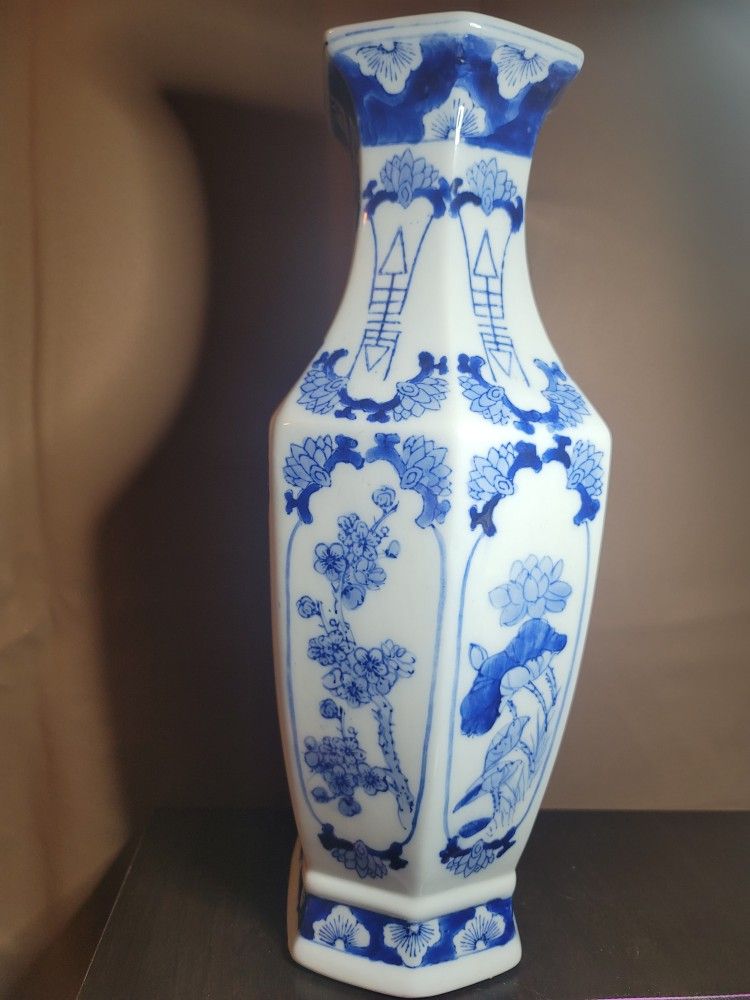 Vintage Blue and White Hand Painted Hexagon Vase