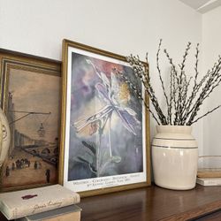 Vintage Framed Print Of Watercolor Painting Cottage French Farmhouse English Botanical Floral Wall Art Decor 