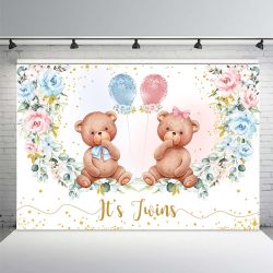 MEHOFOND Twin Bear Boy Girl Baby Shower Backdrop It's Twins Pink Blue Floral Birthday Party Decorations Photography Background Newborn Gender Reveal T