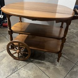Vintage Colonial Maple Wood Drop Leaf Rolling Bar Cart Tea Trolley Kitchen Table. Used in good condition with some cosmetic blemishes due to time and 