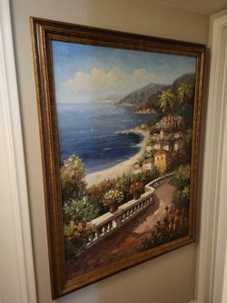 Artwork Large, Italy Seacoast, knife Palette  Style, Framed,  Painting By Antonio 42wx54ht 