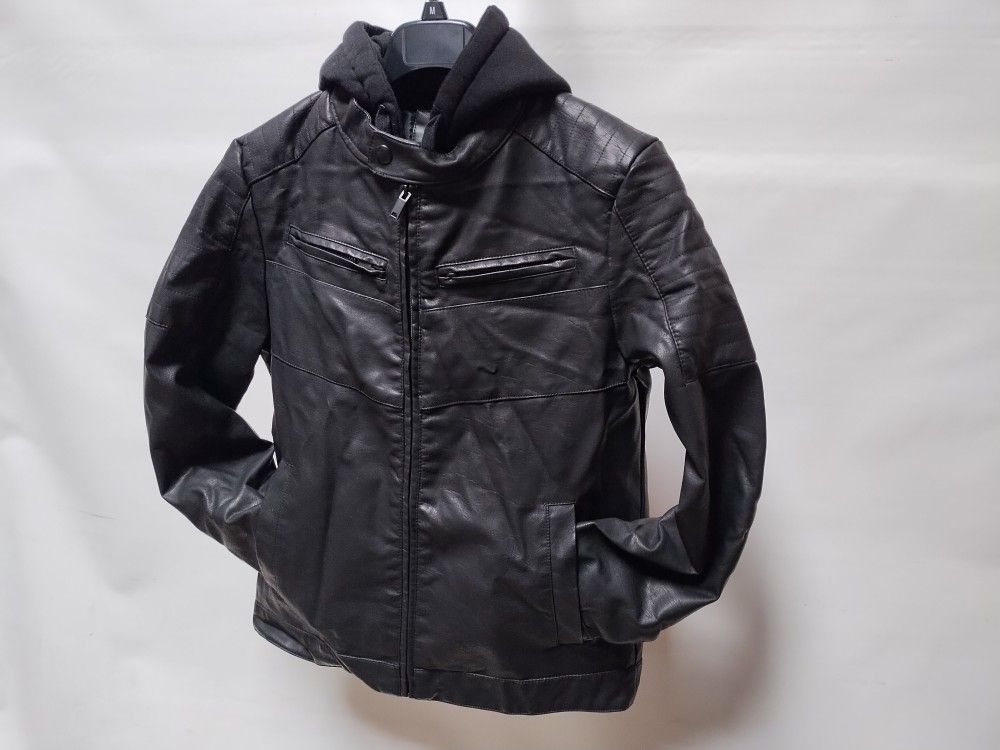 Motorcycle Jacket With Hood Faux Leather Biker MENS SIZE LARGE XL M Black Warm Jacket Abrigo Full Zip