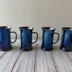 Mid-Century Blue Iridescent Set Of Glass Cups 4 Pieces