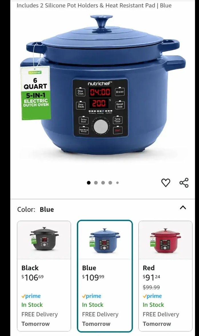 NutriChef
6 Quart Electric Dutch Oven | 1500W 5-in-1 Enamel Coated Cast Iron Pot with Stainless Steel Lid | Precise Temperature Control | Includes 2 S