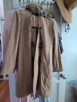 Camel Hooded Duffle Coat with Faux Fur Trim - Size M