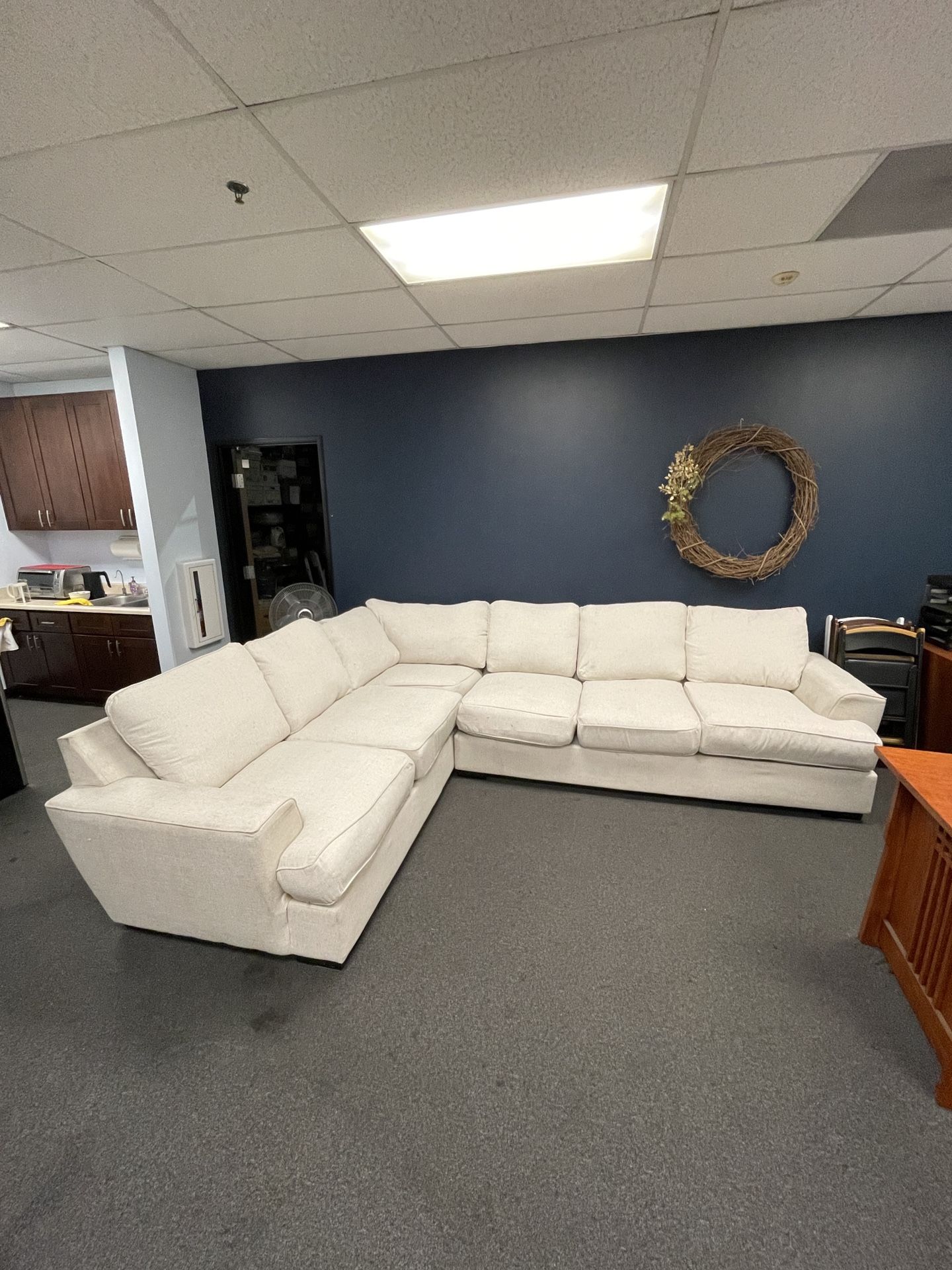 Large sectional couch Large sectional sofa Very comfortable Can be a guest bed In a smoke free home No breaks, rips or tears 103” x 137”