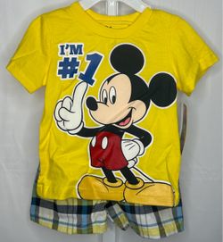Disney Mickey Mouse “I’m #1” Yellow Tee & Plaid Shorts Set