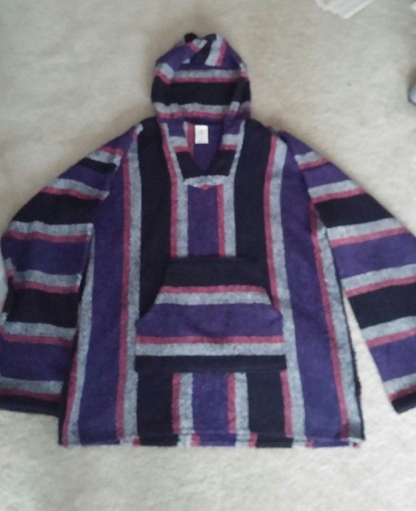 80s Men's Mexican Baja Surfer/?Skater Hooded Pullover Poncho/XL