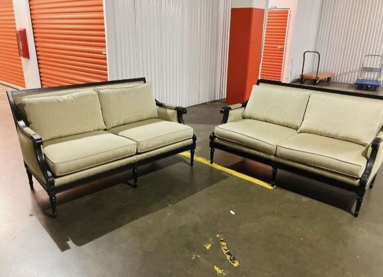 set of Ethan Allen Couches nice set, tan color with nice wood framing