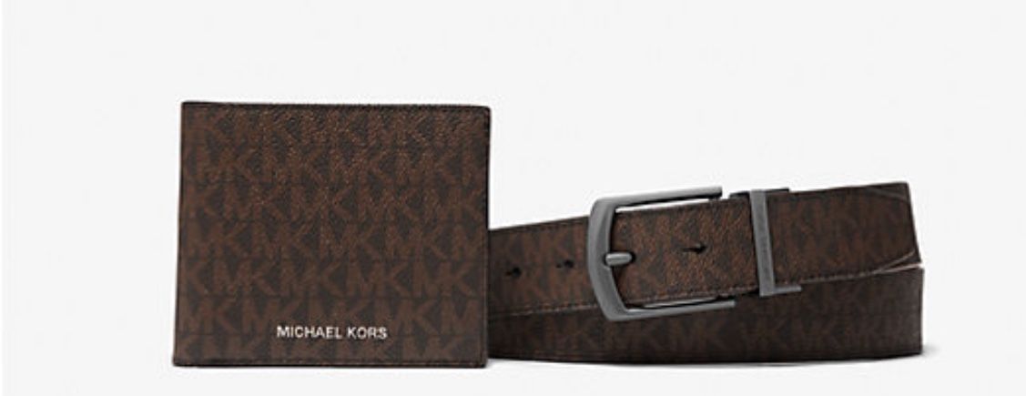 Michael Kors Brown Monogram Wallet and Black Belt gift set