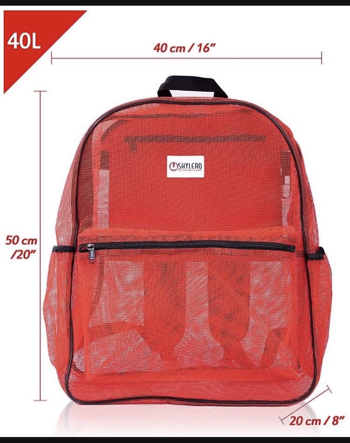 SHYLERO Mesh Backpack XL (40L). 100% Clear Backpack with Key Holder, Bottle Opener, Inner Zippered Pocket. H20 xW16 xD8