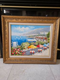 Vibrant Coastal Oil Painting in Ornate Gold Wood Frame