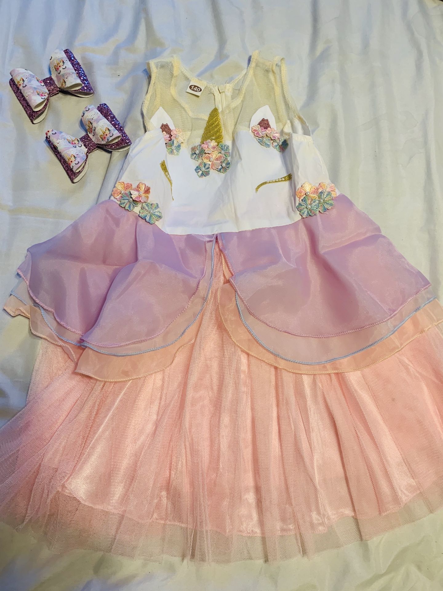 Unicorn Girl Birthday Dress W/ Hair Bows