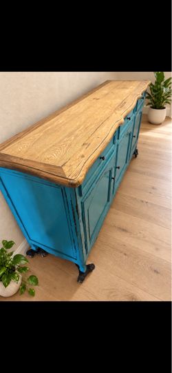 Distressed Teal Sideboard with Natural Wood Top