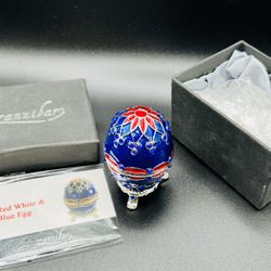 Zanzibar Blue & Red Bejeweled Metal Trinket Box Egg