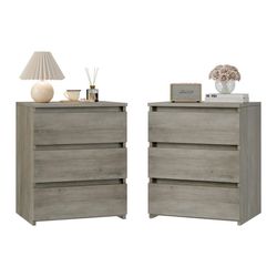 Set Of 2, 3 Drawers Nightstand Set of 2, Small Sofa Table, Wooden Storage Cabinet for Living Room, Gray Finish