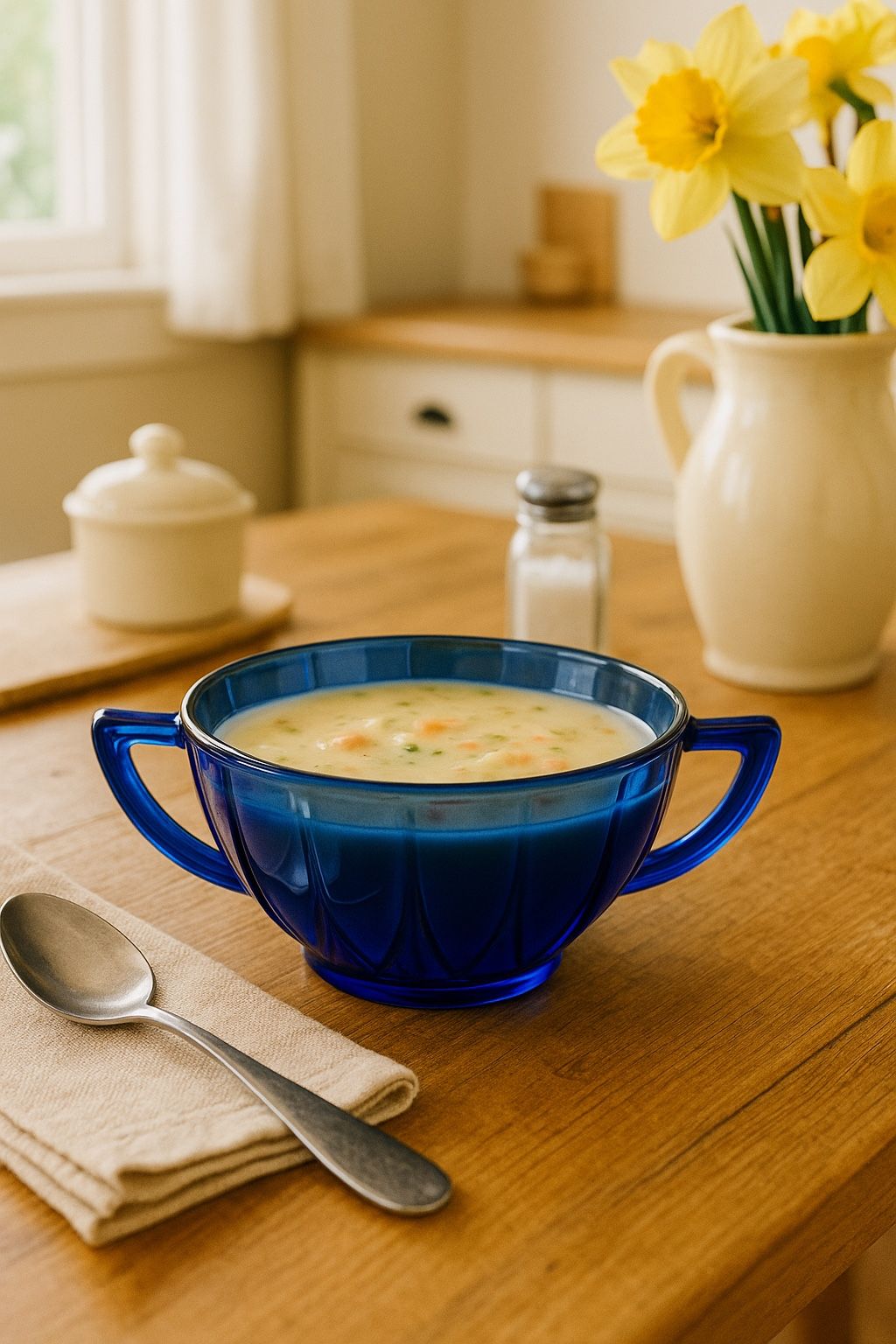 Hazel Atlas 1930s Newport Hairpin Cobalt Blue Cream Soup Bowl, 5x2.5”