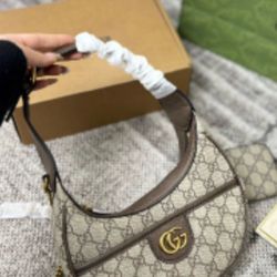 Gucci GG Monogram Crescent Shoulder Bag Beige Brown Gold Hardware Women