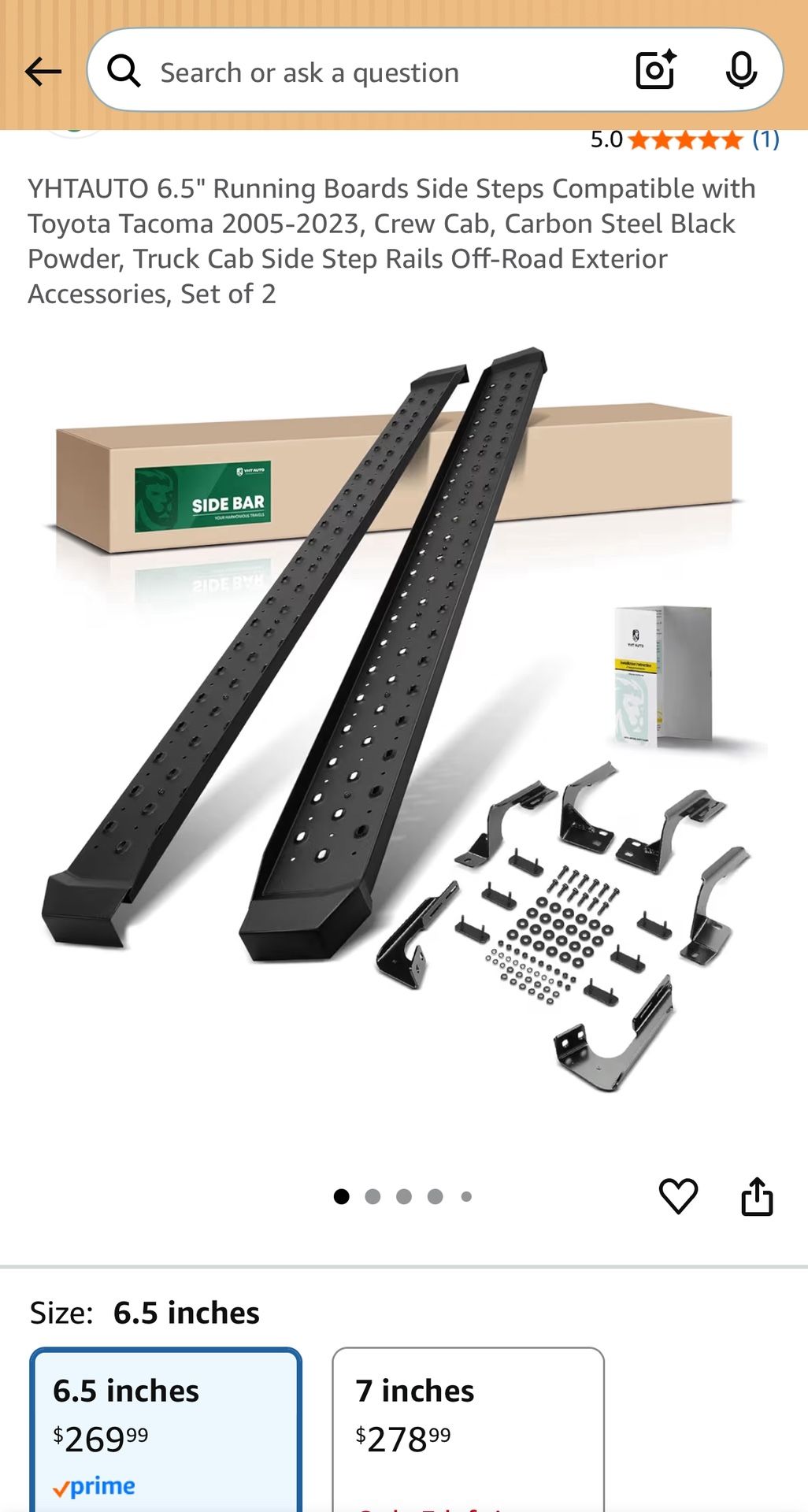 6.5" Running Boards Side Steps Compatible with Toyota Tacoma 2005-2023, Crew Cab, Carbon Steel