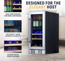 15" Dual Zone Beverage Refrigerator & Wine Cooler for 9 Bottles & 48 Cans | Freestanding or Built-In Under Counter Mini Fridge for Beer, Wine and Soda