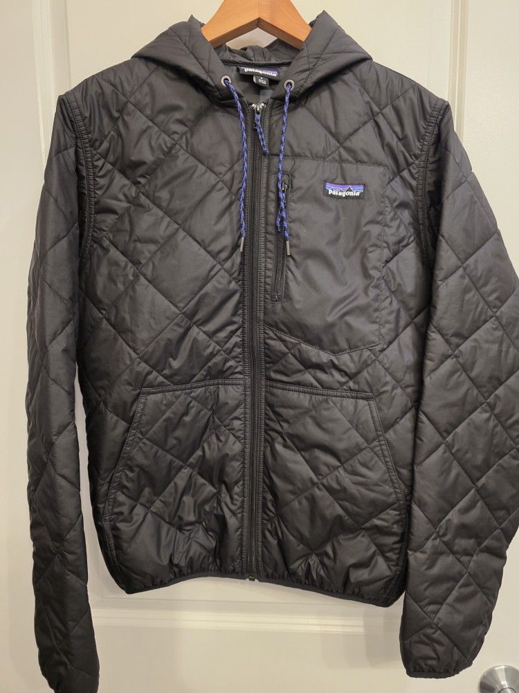 Patagonia Men's Diamond Quilted Bomber Hoody Jacket Size S Black Insulated Full