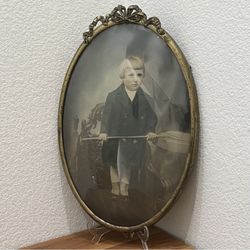 Antique Vintage Convex Bubble Glass Gold Metal Creepy Boy Old Portrait Oval Picture Frame 21X14