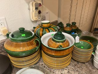 Huge  Mid-Century Green & Gold Rim Dinnerware Set - Good
