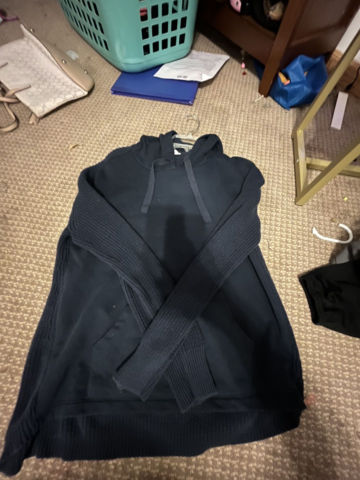 blue half sweater half hoodie