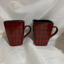 Two Red Brick Pattern Stoneware Coffee Cups  16 oz. Home Tamarask