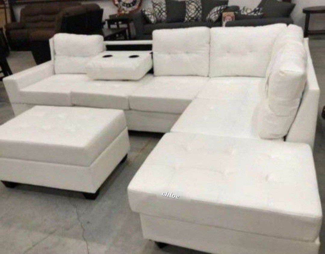 •ASK DISCOUNT COUPON🏆sofa Couch Loveseat Living room set sleeper recliner daybed ☆ Heights White Faux Leather Reversible Sectional With Storage Ottmn