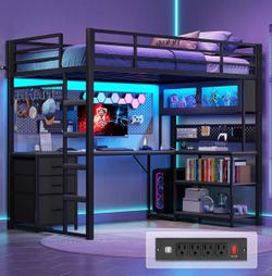 Black Metal Loft Bed with Desk and Shelves
