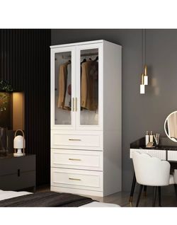 Large Wardrobe Armoire with 2 Tempered Glass Doors and 3 Drawers, Tall Armoire Closet with Clothing Rod, Shaker Style Bedroom Clothing Cabinets, White