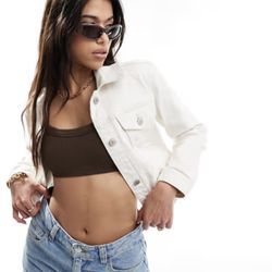 Hollister White Denim Jean Jacket Cropped Women’s Size Large Y2K Preppy