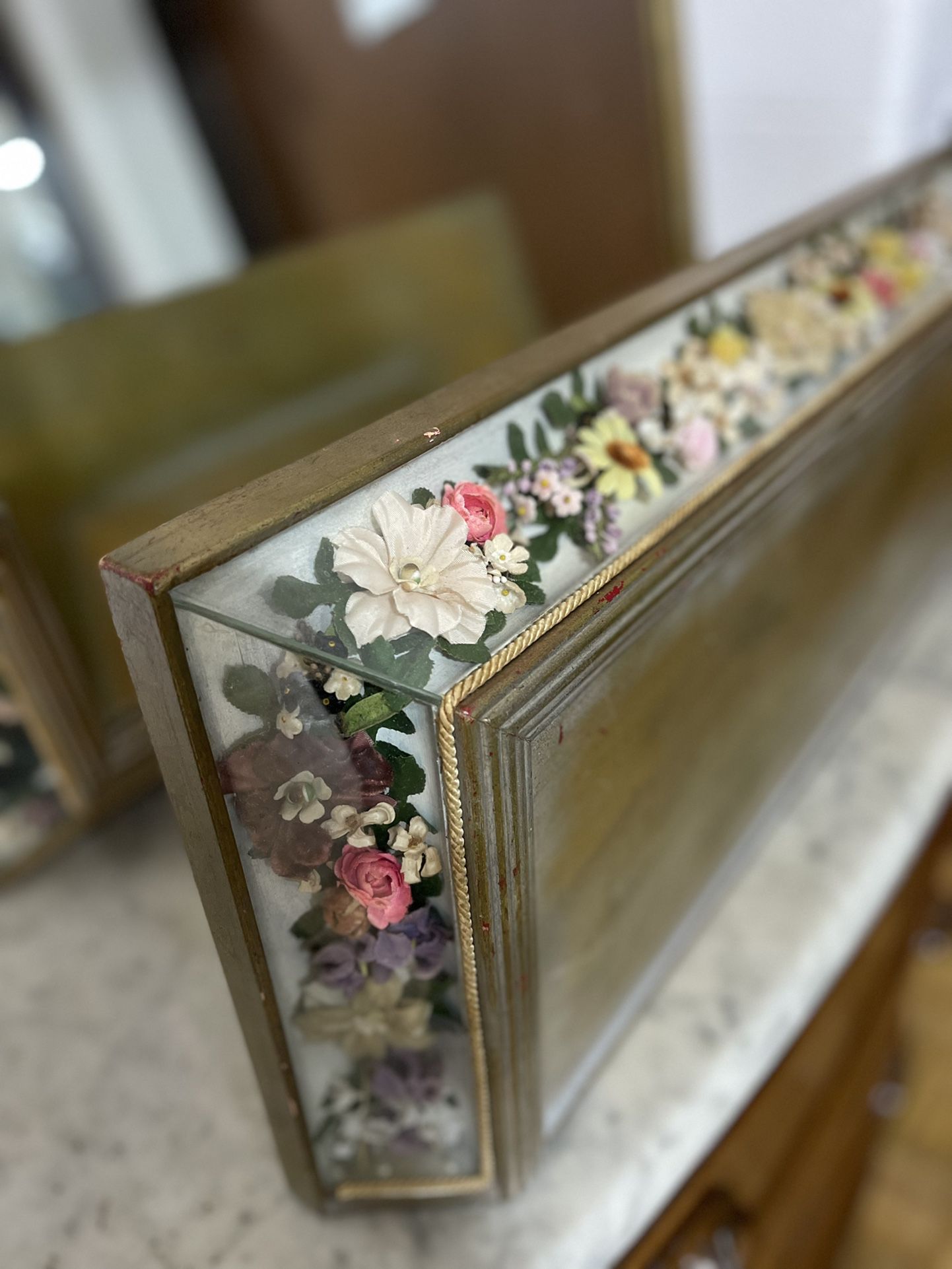 Unique Antique Flower Mirror & Shelf