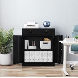 ❤️ Metal Storage Cabinet, Locking Storage Cabinet with Doors and 2 Drawers, Metal Cabinets for Office/Home/Garage 36.2" H x 31.5" W x 15.7" D (Black) 