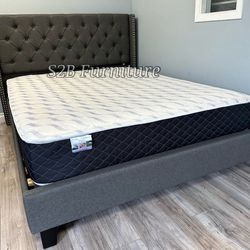 Queen Grey Tufted Bed With Ortho Mattress!