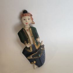 Vintage 9.5"in. Hand Carved Thai Wooden Musician Wall Hanging Made 
Thailand Blue Pink. Pre-owned, very good shape, no chips or cracks. 
Display item.