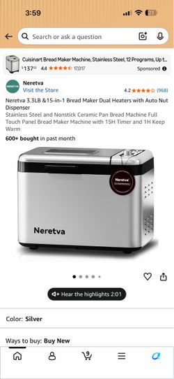 Neretva 3.3LB &15-in-1 Bread Maker Dual Heaters with Auto Nut Dispenser Stainless Steel and Nonstick Ceramic Pan Bread Machine Full Touch Panel Bread
