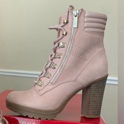GUESS Blush Pink Suede-Look Lace-Up Heeled Ankle Boots