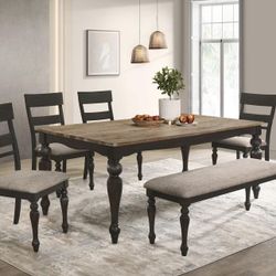 Very good quality dining set the table and six chairs or tables for chairs and bench