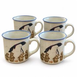 Gibson Greetings Penguin Mugs Set of 4 Otagiri Japan Blue Rim