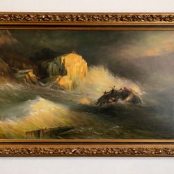 Large Antique Framed Oil Painting – Dramatic Seascape, Signed