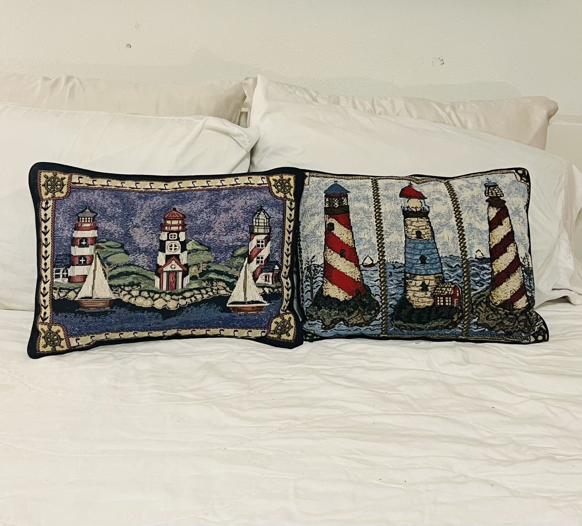 Set Of 2 Vintage Tapestry Lighthouse Accent Pillows 