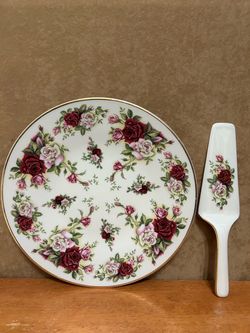 Formalities Porcelain Cake Plate & Server Victorian Red Roses by Baum Bros