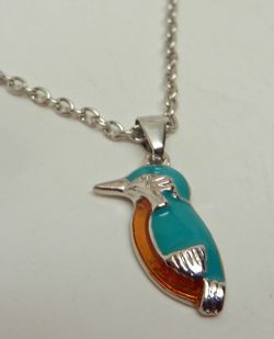 Turquoise Color Enamel Amber Kingfisher Bird Pendant Chain Necklace Silver Tone New