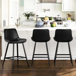 24 inch Counter Stool, Modern Bucket Barstools, Counter Height Bar Stools with Back and Footrest for Home Kitchen Island Restaurants, Set of 3, Black
